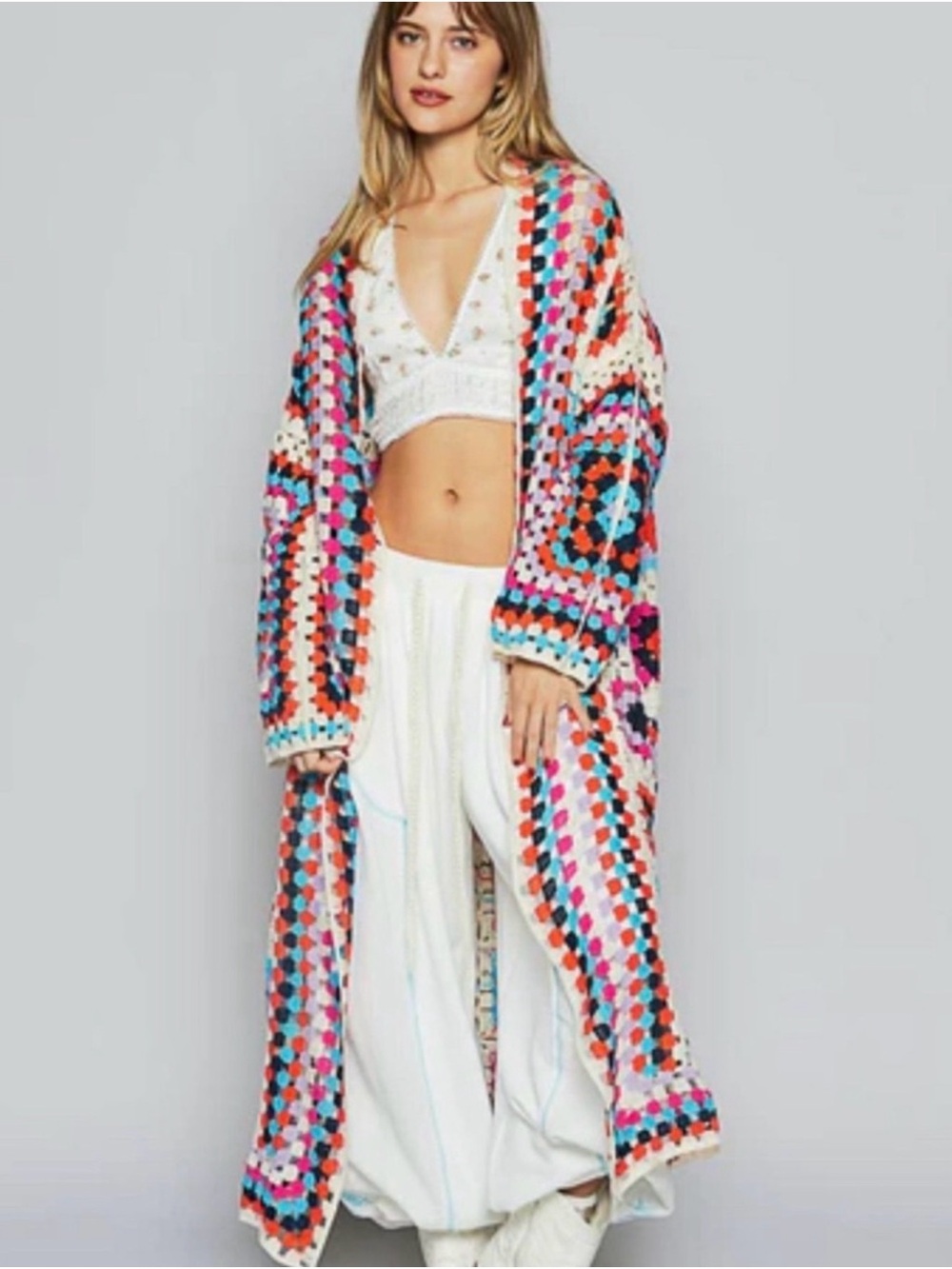 POL Colorful Granny Square Crochet Maxi Cardigan Duster